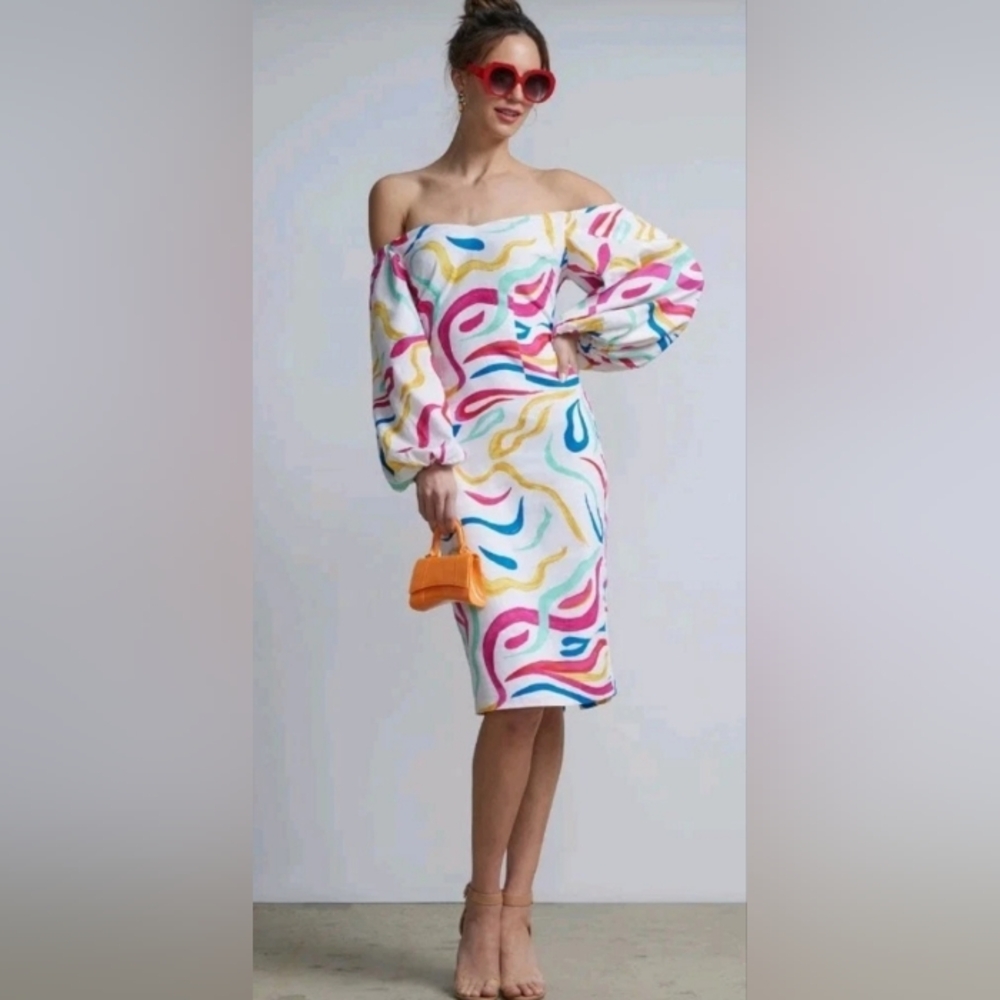 🆕 NEW YORK & Co. Linen Blend Abstract Off Shoulder Dress | M NWT